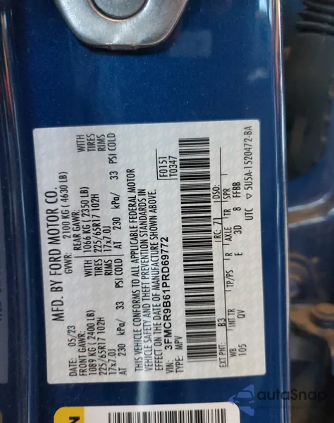 2023 Ford Bronco Sport Big Bend z USA, uszkodzony, nr VIN 3FMCR9B61PRD69772